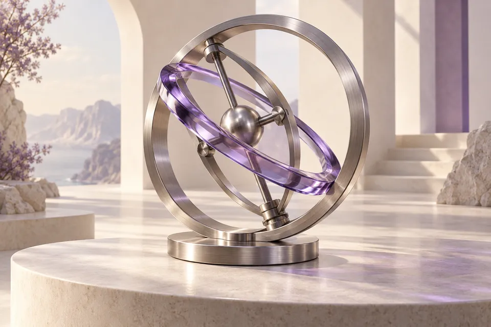 Escultura temporal de titanio con un anillo violeta translúcido.