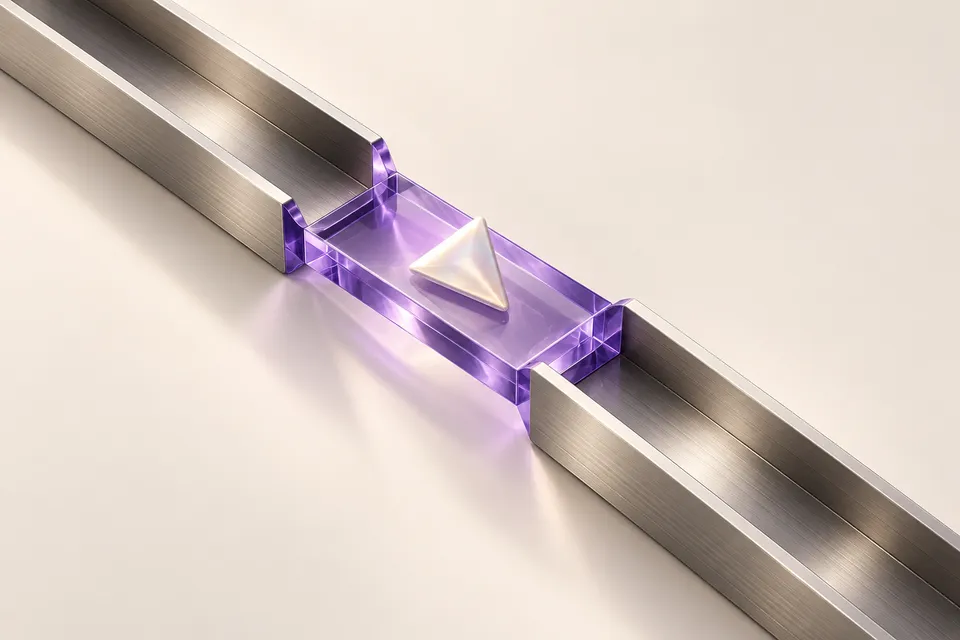 Canales de titanio unidos por un conector de vidrio violeta.