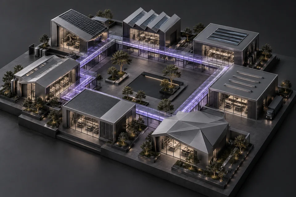 Siete módulos arquitectónicos se conectan mediante un corredor de vidrio con luz violeta alrededor de un patio.