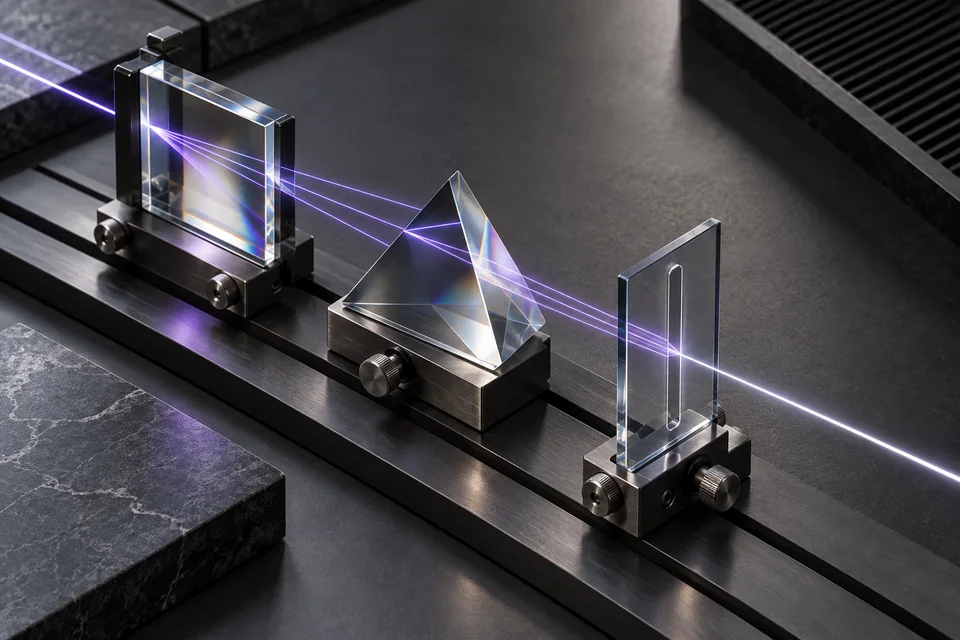 Tres elementos ópticos distintos conducen un haz violeta sobre una mesa de precisión.