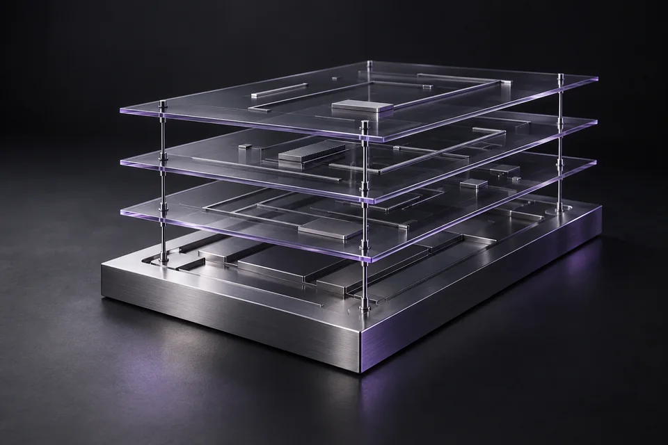 Capas de canales de cristal se alinean sobre una base de titanio para formar un sistema conectado.