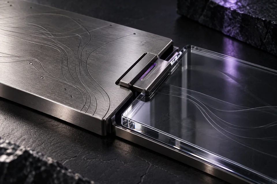 Un clip une una placa de registro de titanio grabado con una ficha de cristal.