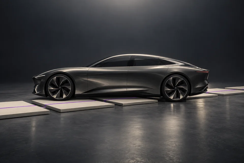 Un automóvil futurista sin marca sobre segmentos separados de un recorrido conectado por una línea violeta.