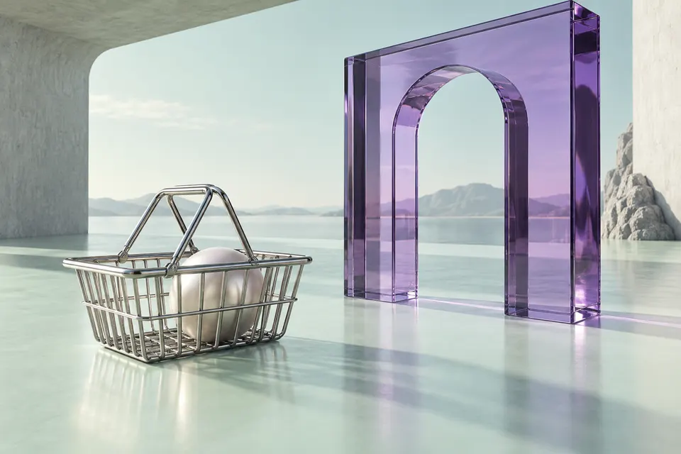 Cesta cromada junto a un portal de vidrio violeta.