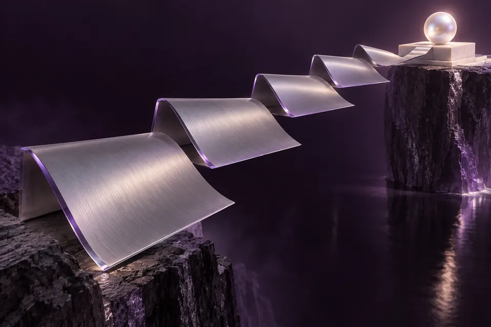 Láminas plegadas de titanio que forman un puente hacia una esfera nacarada.