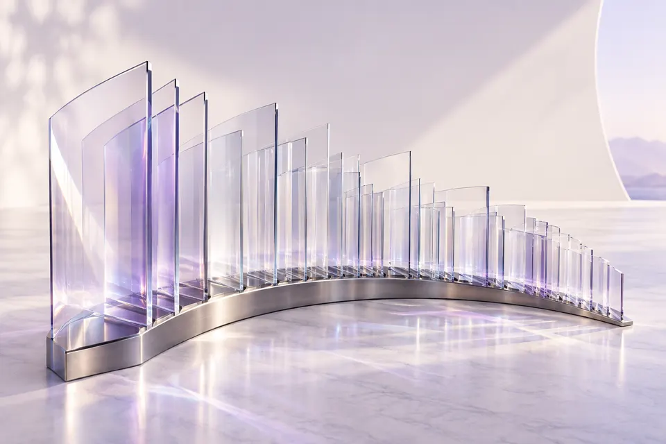 Una escultura de archivo curvo con láminas transparentes sobre un soporte de titanio.