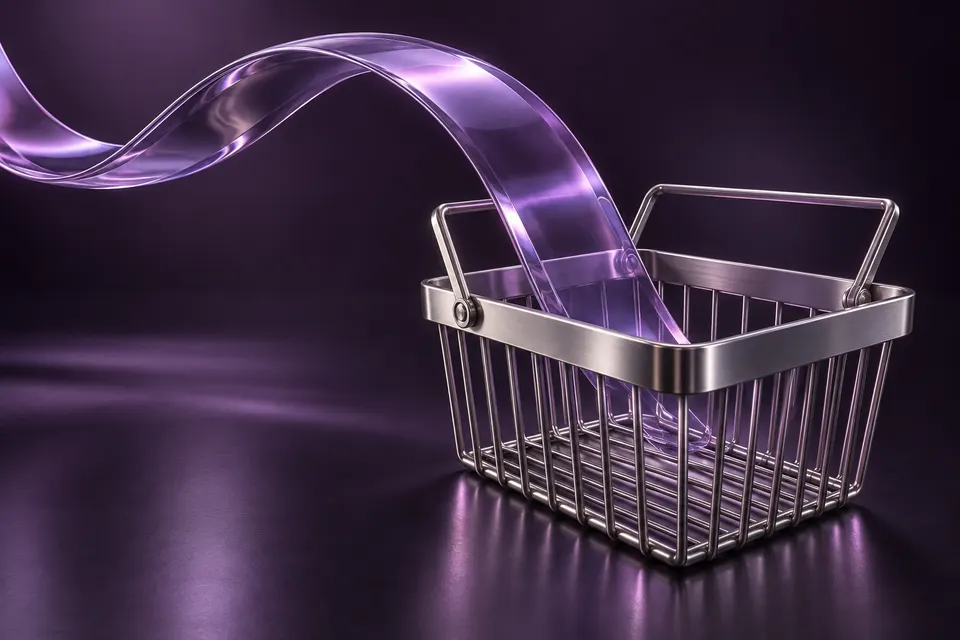 Una cinta de vidrio violeta que regresa al interior de una cesta plateada.