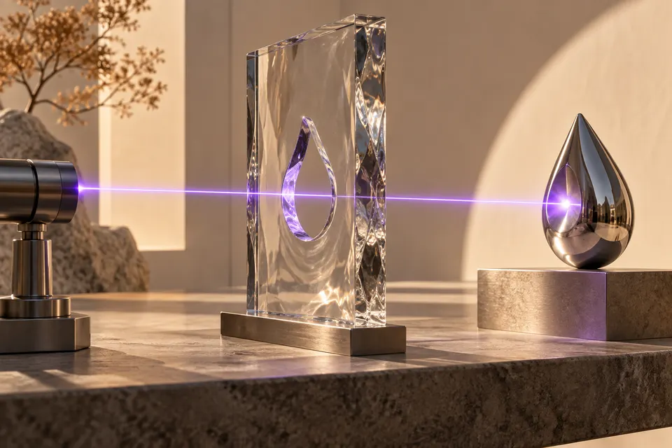 Un haz violeta atraviesa una abertura de vidrio hacia una forma plateada coincidente.