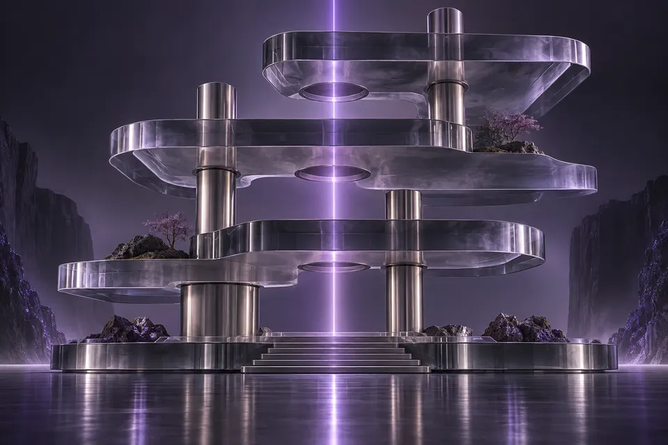Plataformas de vidrio y columnas de titanio atravesadas por luz violeta.
