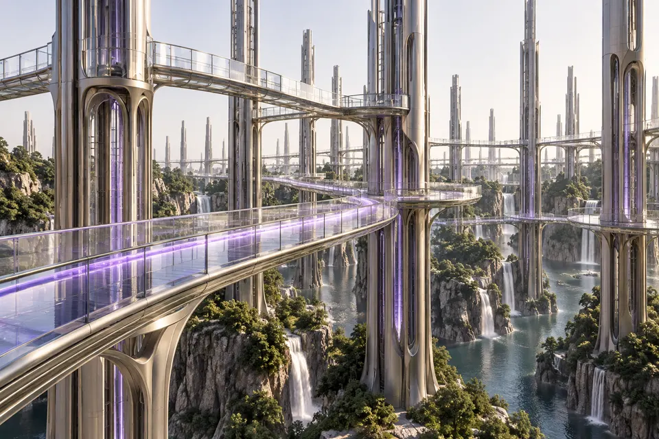 Titanium columns connected by elevated glass pathways.