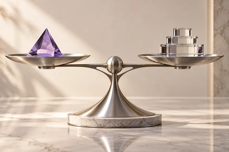 Balanced titanium sculpture carrying glass weights.