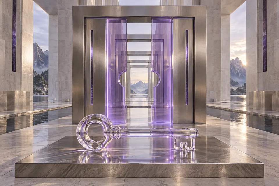 Nested titanium gates and a selective violet glass barrier.