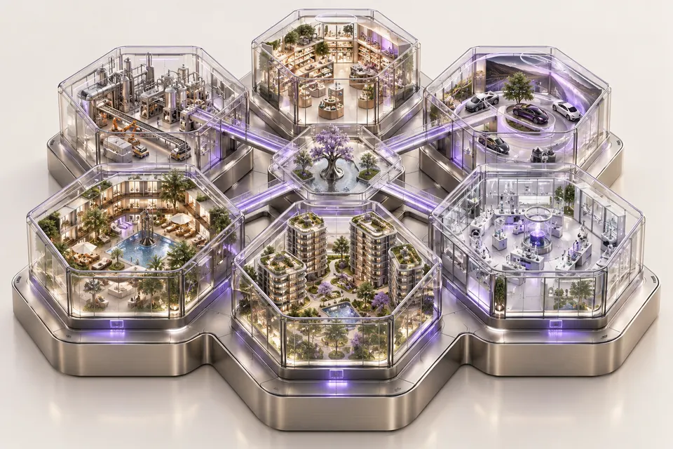 Six specialized environments in glass chambers on a titanium base.