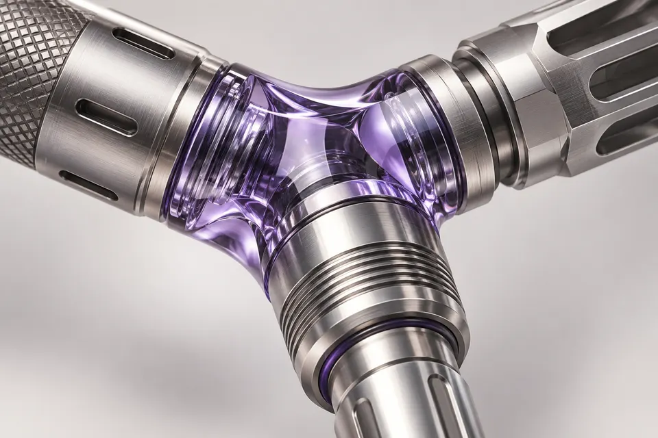 Conectores de titanio diferentes unidos mediante un adaptador violeta transparente.