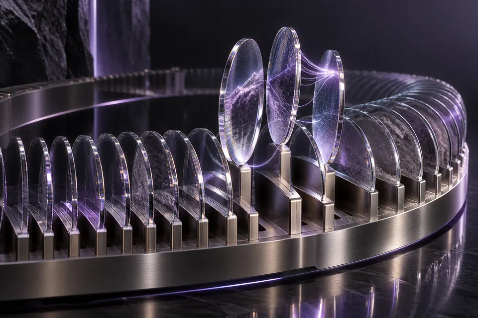 Archive of glass wafers connected by delicate violet light.