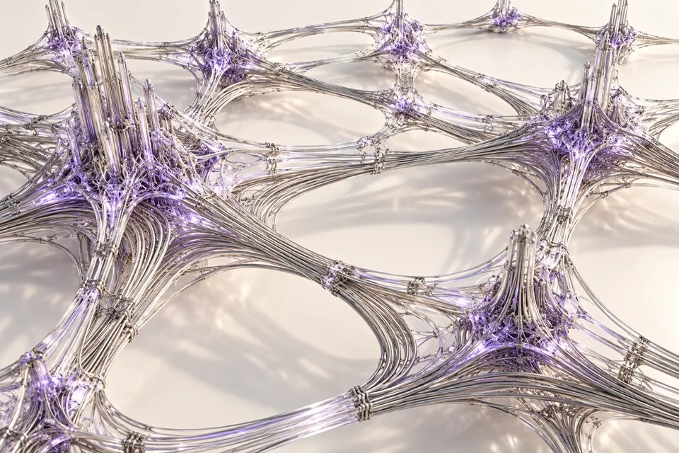 Woven metal mesh joined by glass bridges and violet intersections.